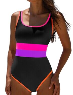 Popvil Women One Piece Swimsuit Tummy Control Neon Beach Swimwear M